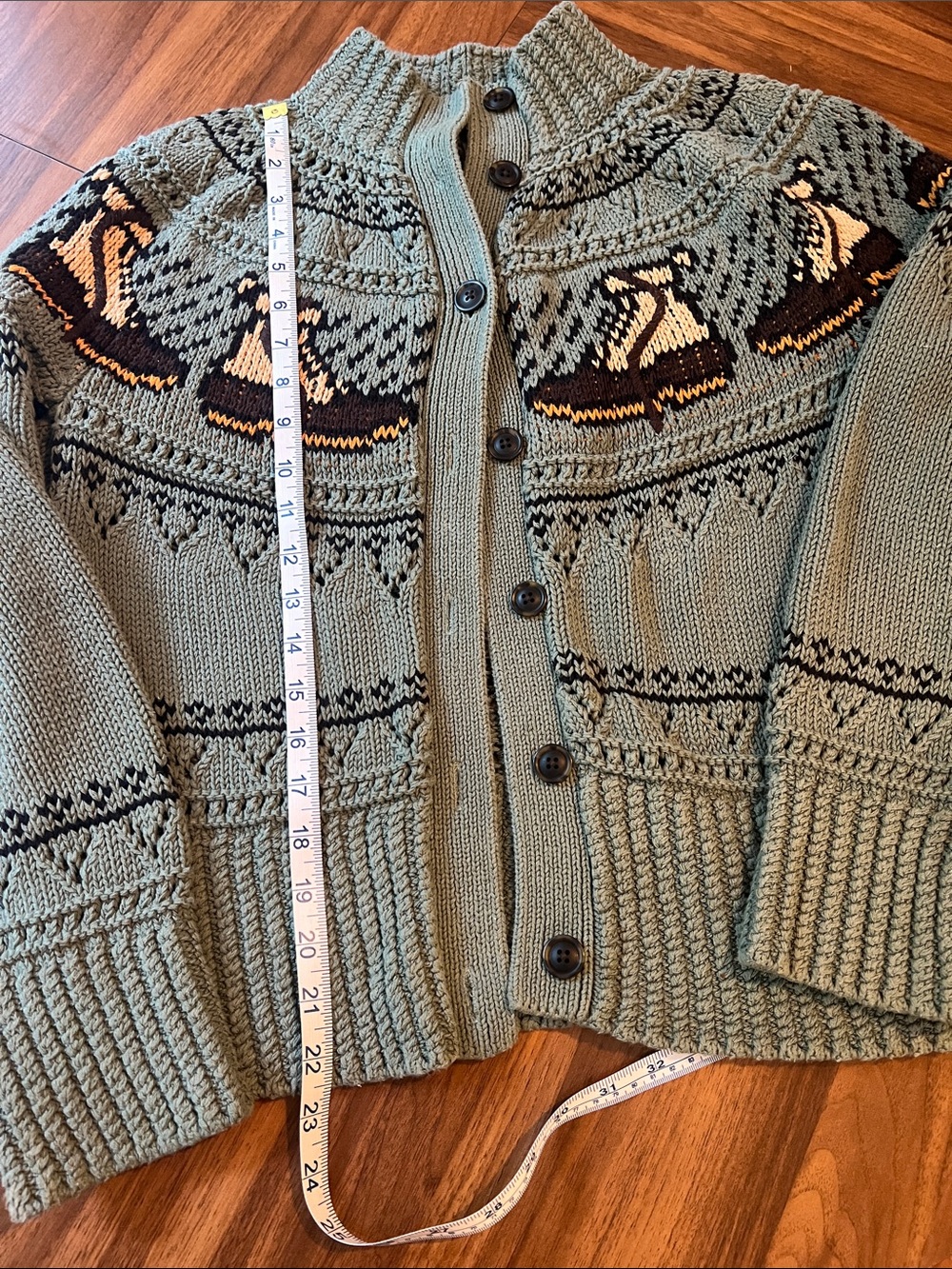 L.L. Bean Knit Cardigan Sage Green with Duck Boots Fair Isle Motif - Picture 5 of 6